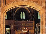 London National Gallery Next 20 02 Antonello da Messina - Saint Jerome in his Study Antonello da Messina  - St. Jerome in his Study, 1475, 46 x 36 cm. St. Jerome (347-420) was a monk and a scholar who compiled the standard Latin translation of the Bible. We see him as a dignified scholar dressed in a cardinals red robes, sitting in a snug wooden study erected in a Gothic building. A tame lion is shown in the shadows to the right, representing the legend of Jerome extracting a thorn from a lions foot. The painting shows the effects of light as it streams in from the viewers space through the opening in the foreground, and through the windows behind him, casting sharp or graduated shadows, reflecting from different surfaces, and illuminating the landscape beyond the lower windows and the distant sky above. Birds wheel in the sky and settle on the window ledges, figures row a boat on the river, and there is a walled city with gentle mountains rising beyond.